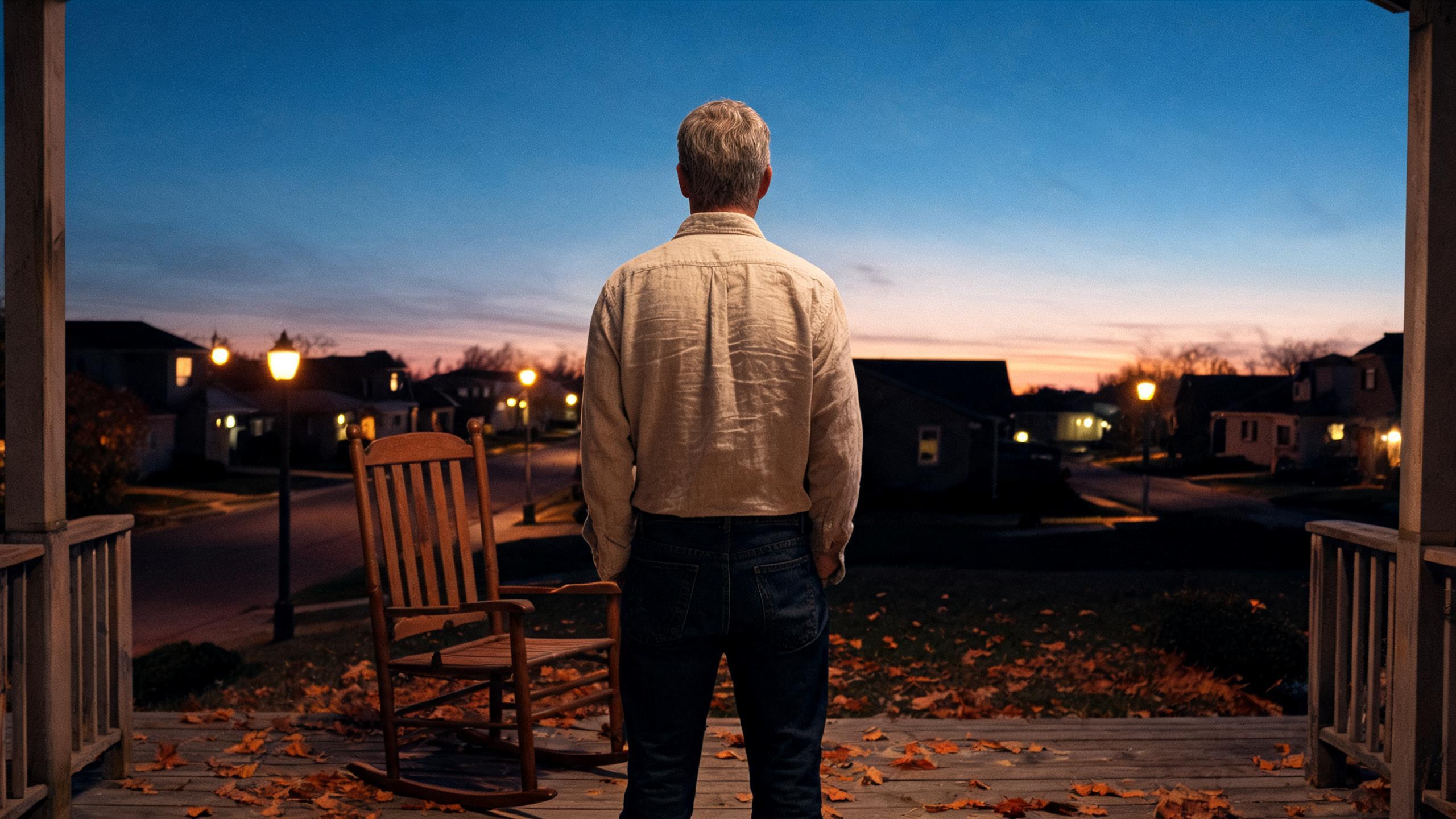 A man in his mid-50s standing alone on a porch at dusk looking out at a quiet suburban neighborhood