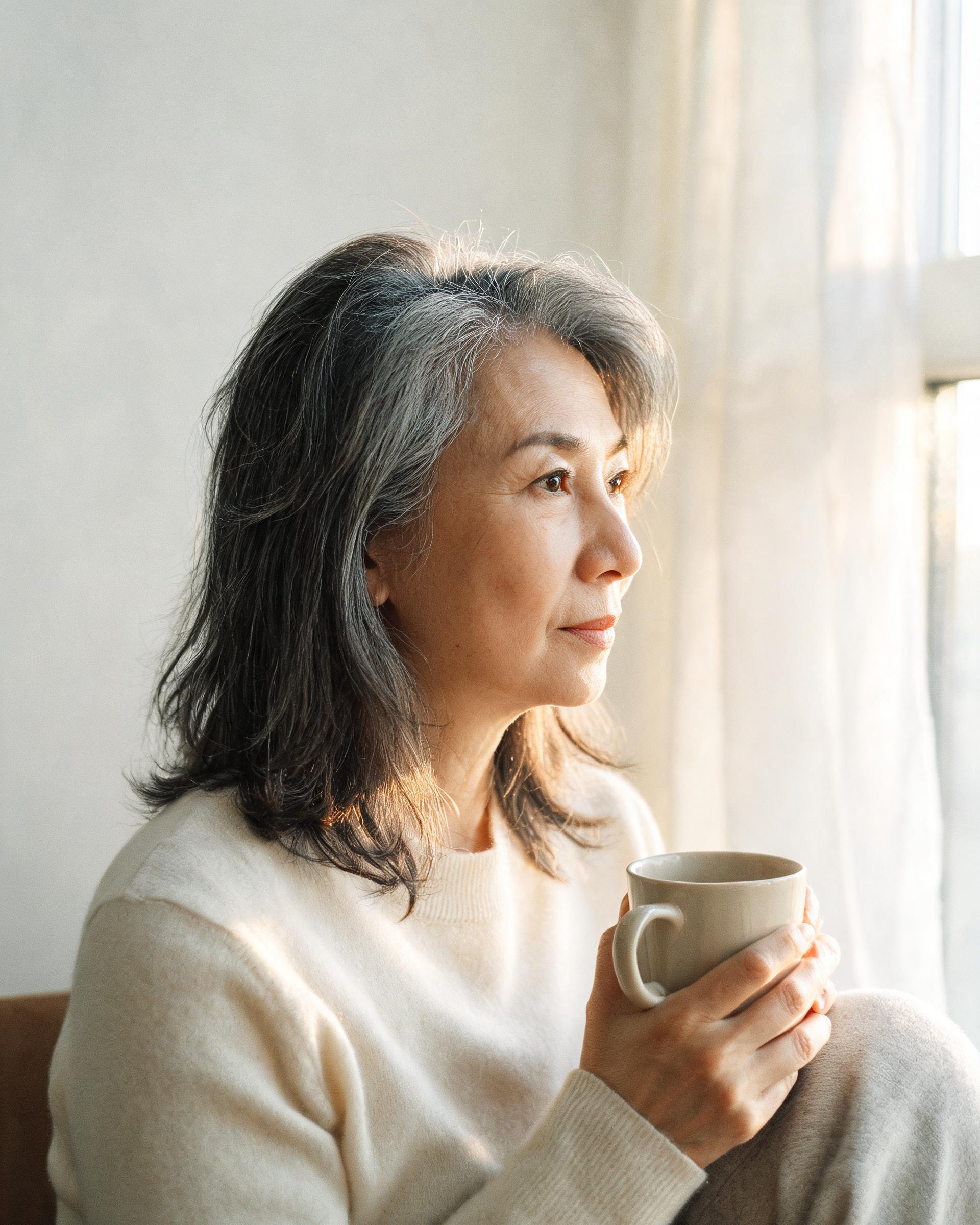A woman in her mid-50s sitting by a window holding a coffee mug, looking contemplative