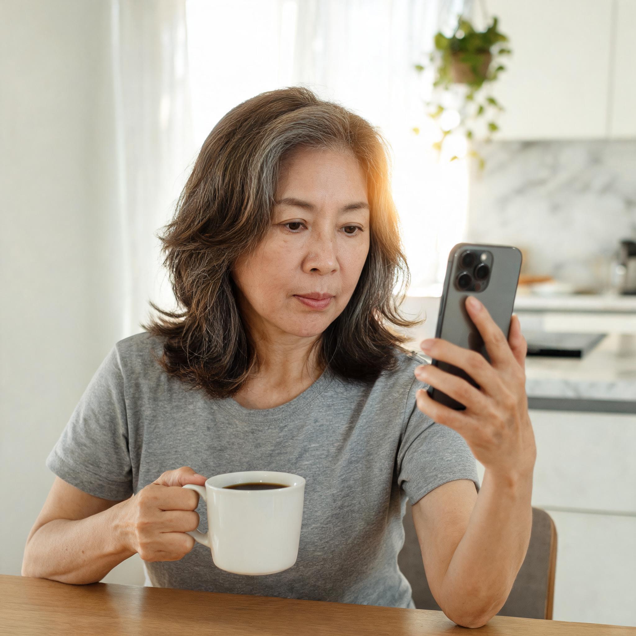 A woman in her early 50s at her kitchen table in morning light, checking her VitalityScore on her phone with coffee