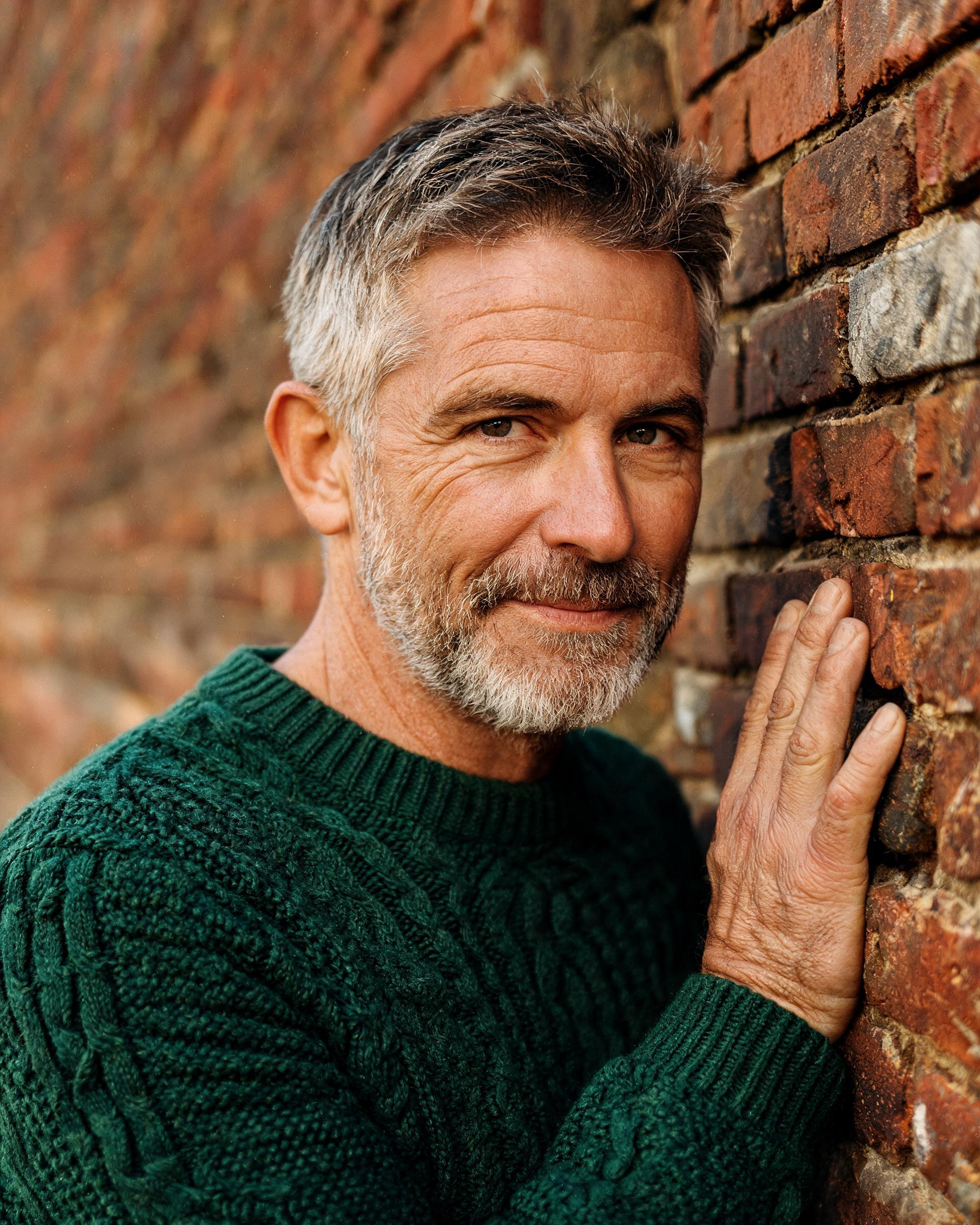 David R., a 53-year-old man with greying beard, leaning against a brick wall