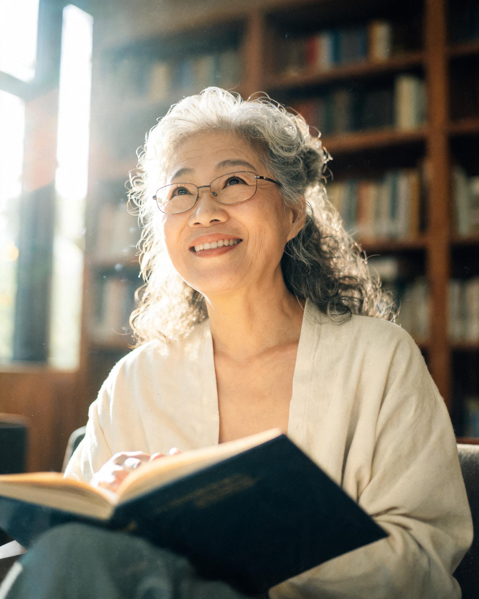Hannah K., a 58-year-old woman in a library reading by a window